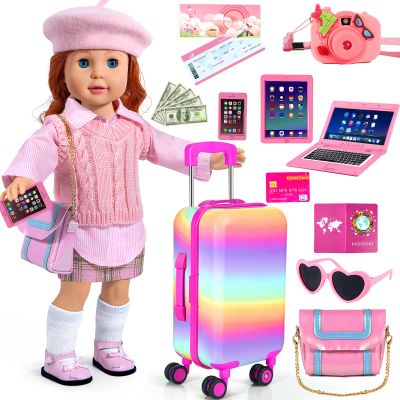 WONDOLL 27 PCS American 18-inch-Doll-Clothes and Accessories-Travel-Suitcase Luggage,Clothes and Shoes, Bag, Sunglasses, Camera, Passport, Notebook, Phone, pad Travel Gear Play Set Fit(No Doll)