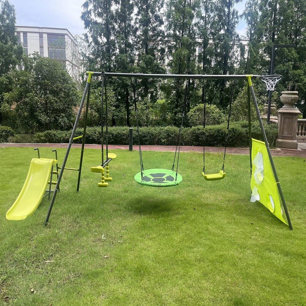 Gecheer Green and Blue Interesting six Function Swingset with net Swing Metal Plastic Safe Swing Set 440lbs for Outdoor Playground for Age 3+ with 31.5in net Swing