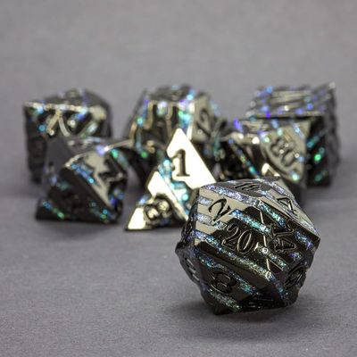 Sage's Portal Dimension Stones Metal DND Dice 7 Piece Polyhedral Dice Set for DND TTRPG Dungeons and Dragons Pathfinder Oversized Designer Dice (Gloss Black/Aquamarine)