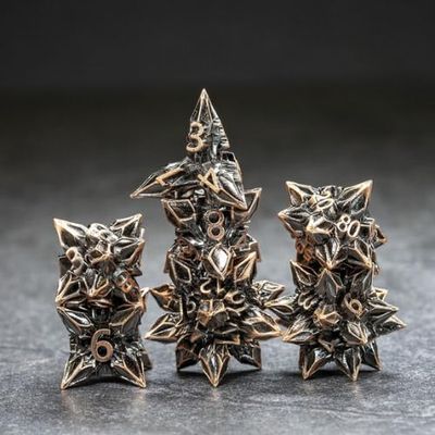 Sage's Portal Deadly Blossoms Metal DND Dice 7 Piece Polyhedral Dice Set for DND TTRPG Dungeons and Dragons Pathfinder Oversized Designer Ornamental Dice (Copper)