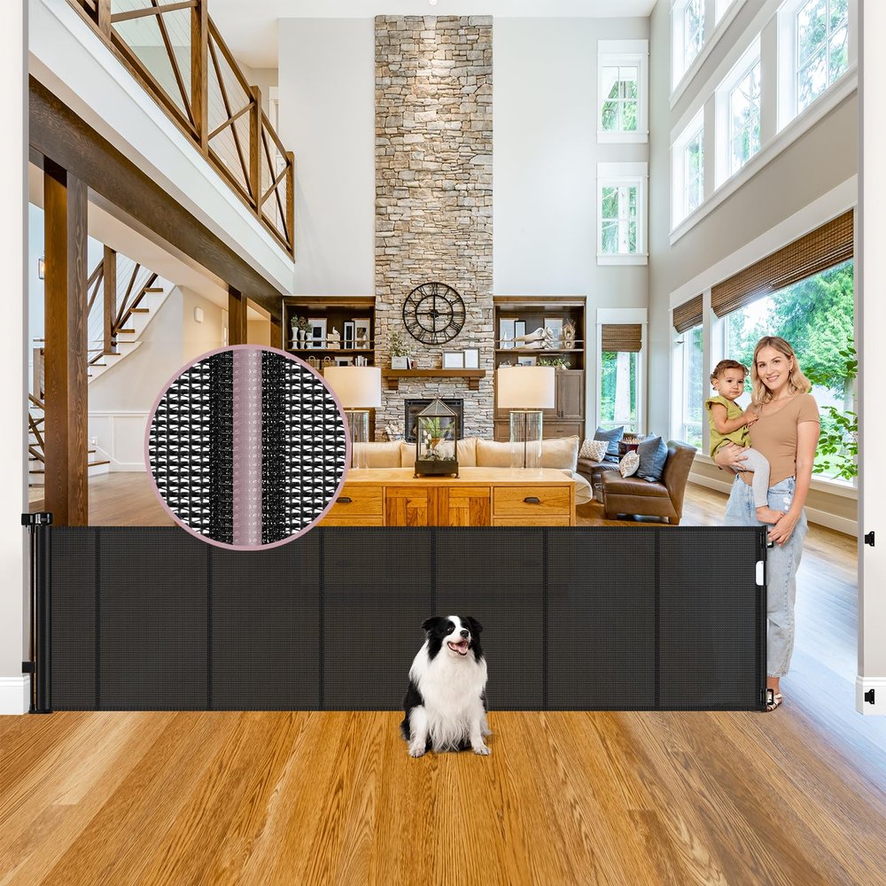 100" Extra Wide Retractable Baby Gates for Doorways with Reinforced Rod - Prevent Crawling Under Retractable Dog Gate, Extra Long Baby Gate Retractable Gate Outdoor, Mesh Gate for Kids and Pets, Black
