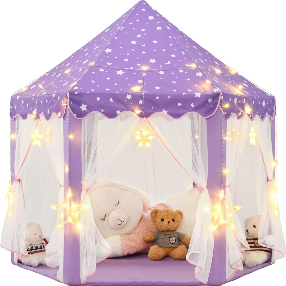 KIXINWA Purple Princess Tent for Girls, Kids Play Tent with LED Large Star Lights, Castle Playhouse Tent for Children Toddlers Indoor Outdoor Games, 5553 Inches