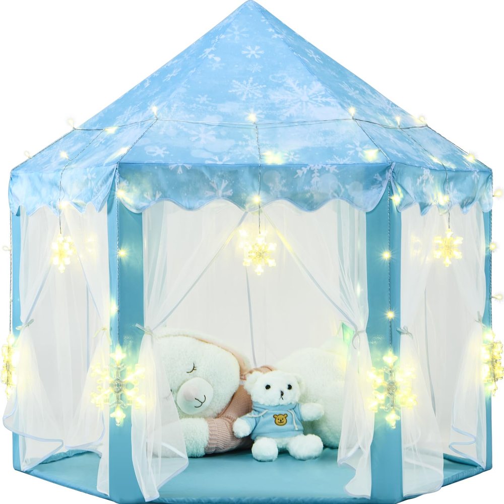 KIXINWA Frozen Princess Tent for Girls, Kids Play Tent with LED Large Snowflake Lights, Castle Playhouse Tent for Children Toddlers Indoor Outdoor Games, 5553 Inches