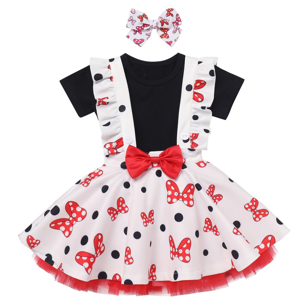 ABEWIP Baby Toddler Girl Pink Mouse Bow Knot Polka Dots Tulle Dress+Shirt Top Fancy Costume with Headband Black and Red 18-24 Months