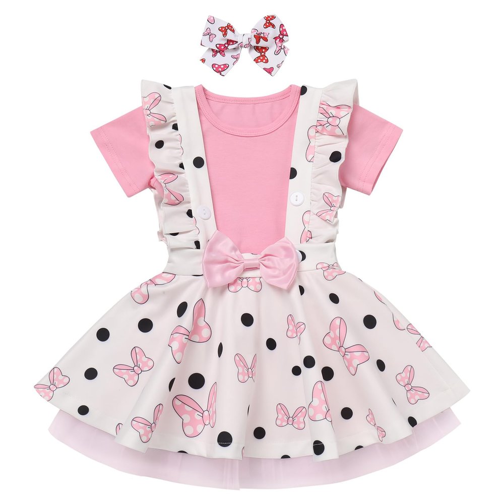 ABEWIP Baby Toddler Girl Pink Mouse Bow Knot Polka Dots Tulle Dress+Shirt Top Fancy Costume with Headband Pink 2-3 Years