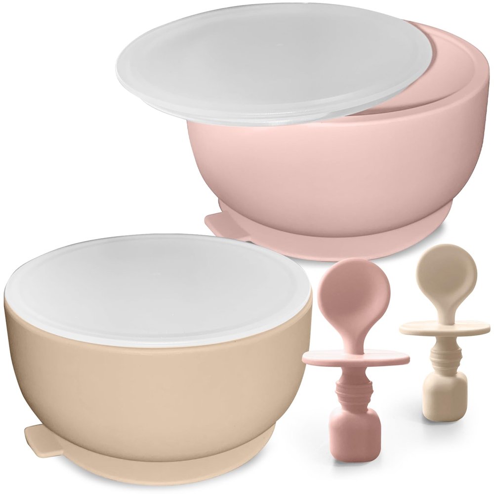 Silicone Baby Feeding Set - Suction Bowls With Lids and Spoons for Infants 0-6 Months, Extra Strong, BPA Free - Essentials for Babies & Toddlers
