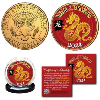 2024 Year of The Dragon Chinese Lunar New Year of The Dragon 24K Gold Plated JFK Kennedy Half Dollar Collectible Coin