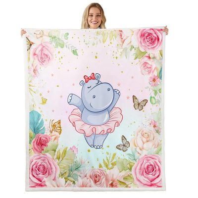 Kids Dance Hippo Sherpa Blanket Baby 30"x40" Cute Hippopotamus Fleece Throw Blanket Floral Ballet Soft Cartoon Animal