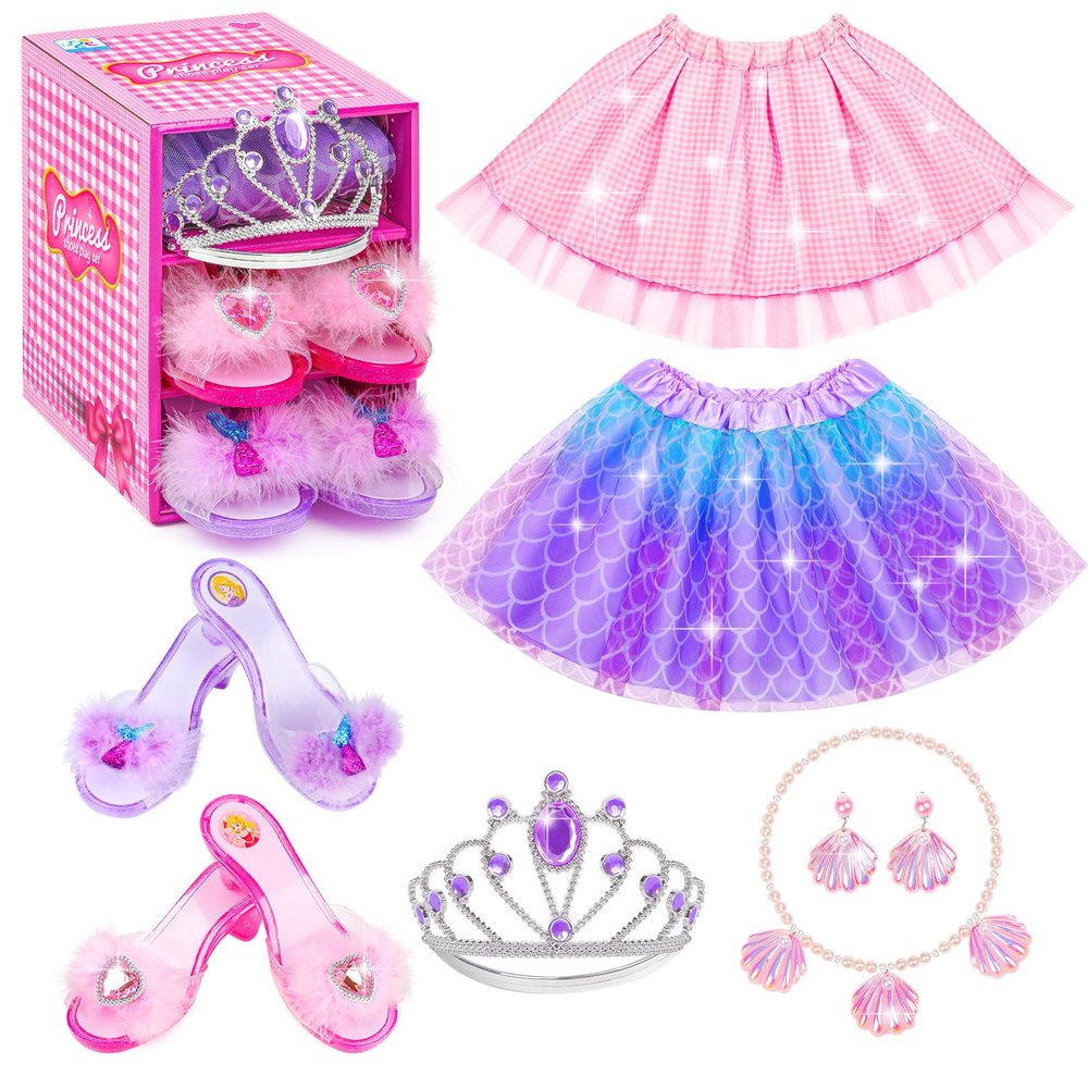 HAIMST Princess Dress Up Shoes Set, Girls Dress Up Toys, Jewelry Boutique Necklace Earrings Crown, Princess Dresses Role Pretend Play Gifts Princess Toys for Girls Aged 3 4 5 6 Years Old