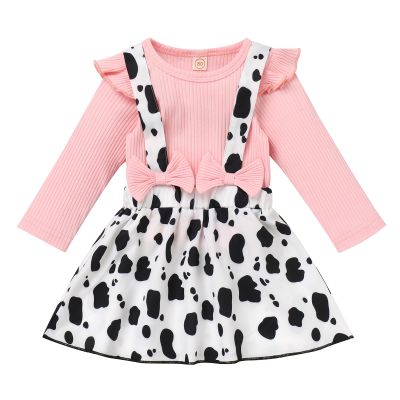 ABEWIP Baby Toddler Girl Cow Print Outfits Bow Knot Dress+Ruffle Sleeve Romper Shirt Fancy Costume with Headband Pink 0-6 Months