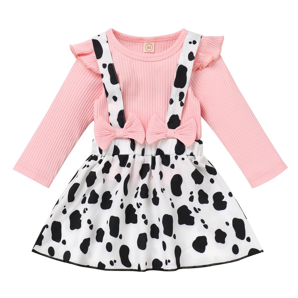 ABEWIP Baby Toddler Girl Cow Print Outfits Bow Knot Dress+Ruffle Sleeve Romper Shirt Fancy Costume with Headband Pink 0-6 Months