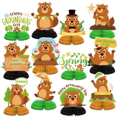 12 Pcs Groundhog Day Decorations Honeycomb Centerpieces Happy Groundhog Day Table Decor Birthday Gifts Party Centerpieces