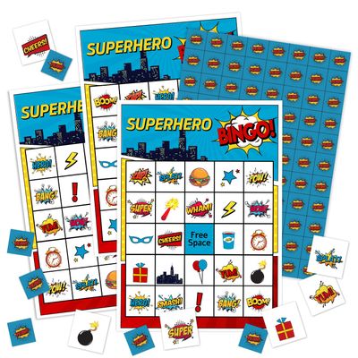 YUEXLL Superhero Bingo Card Set - 24 Player Family Party Game, 5x7 Inch Cards, New Year Activities & Festival Gift for Adults & Teens