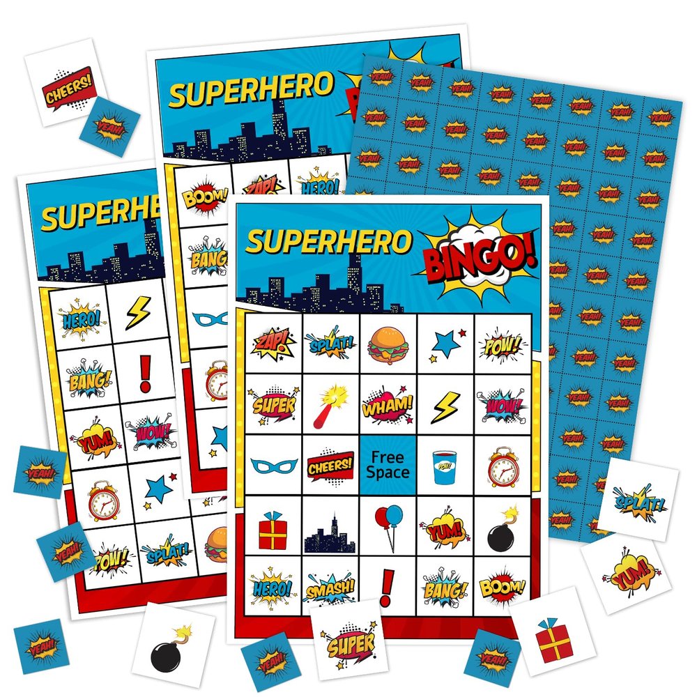 YUEXLL Superhero Bingo Card Set - 24 Player Family Party Game, 5x7 Inch Cards, New Year Activities & Festival Gift for Adults & Teens