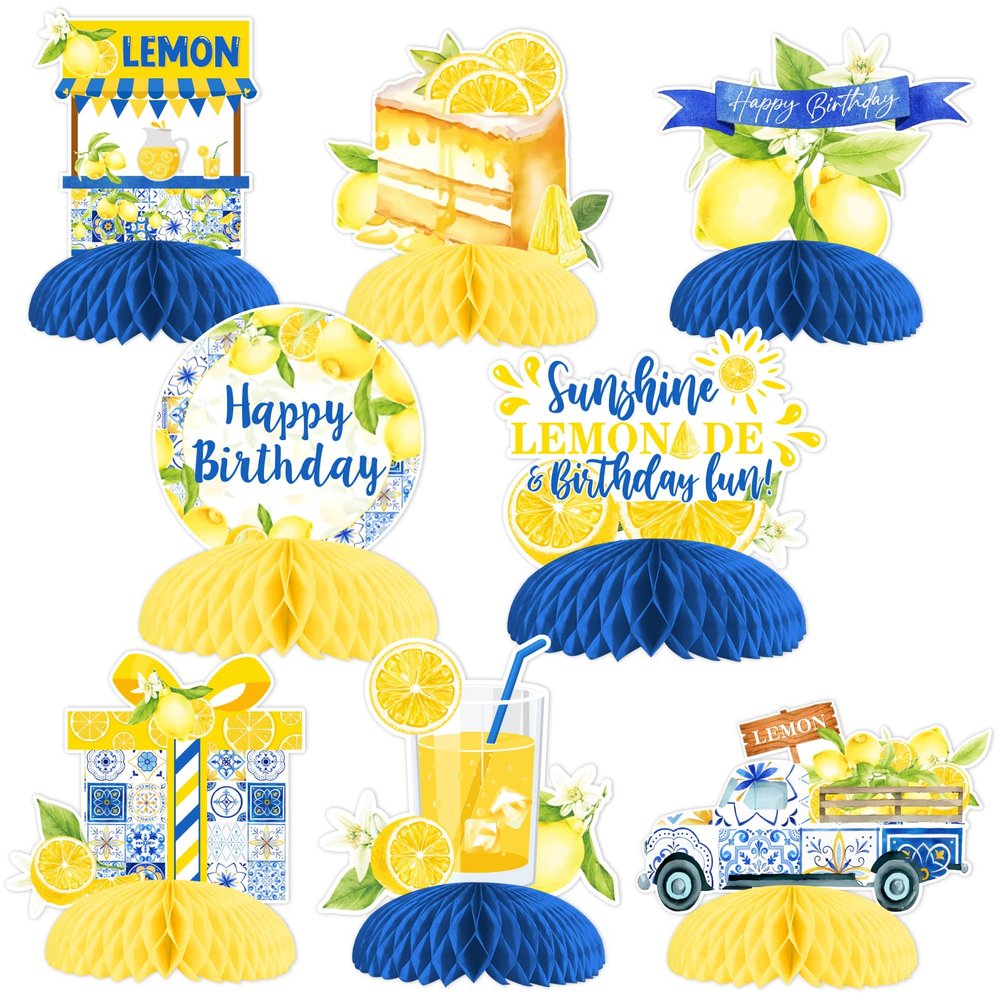 JOYMEMO 8 Pieces Lemon Birthday Honeycomb Centerpieces - Blue Tile and Lemon Birthday Decorations, Double Sided Printing Lemonade Blue Table Decor for Lemon Theme Birthday Party