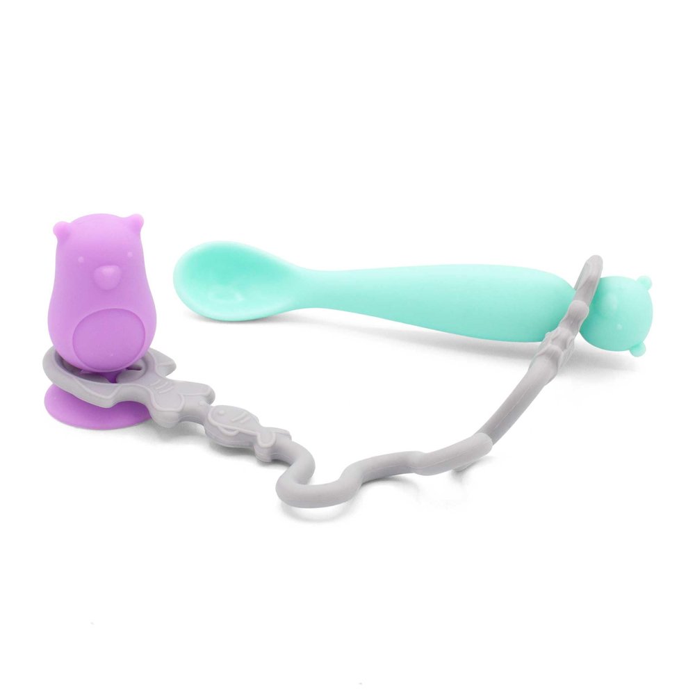321 Grow  Easy Learn Baby Spoon & Tether Set  Baby Spoon with Tether for Babies and Toddlers  Keeps Spoon Off Floor  Ages 6 mo+  Dishwasher Safe (Bear, Plum)