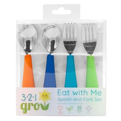 321 Grow Eat with Me Spoon and Fork Set Toddler Utensils with Easy-Grip Silicone Handles Kid-Sized & Safe Stainless Silverware Promotes Independent Eating Dishwasher Safe (Ocean)