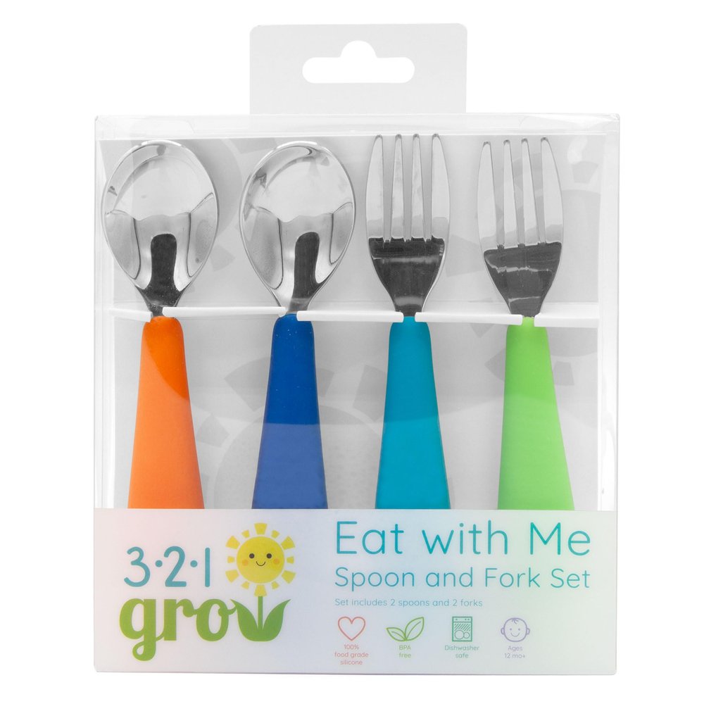 321 Grow Eat with Me Spoon and Fork Set Toddler Utensils with Easy-Grip Silicone Handles Kid-Sized & Safe Stainless Silverware Promotes Independent Eating Dishwasher Safe (Ocean)