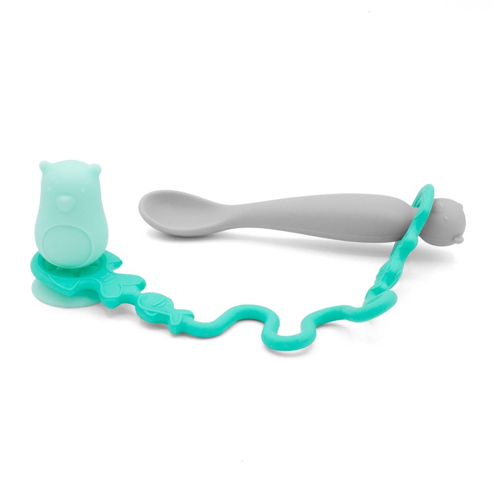 321 Grow  Easy Learn Baby Spoon & Tether Set  Baby Spoon with Tether for Babies and Toddlers  Keeps Spoon Off Floor  Ages 6 mo+  Dishwasher Safe (Bear, Sea Foam)