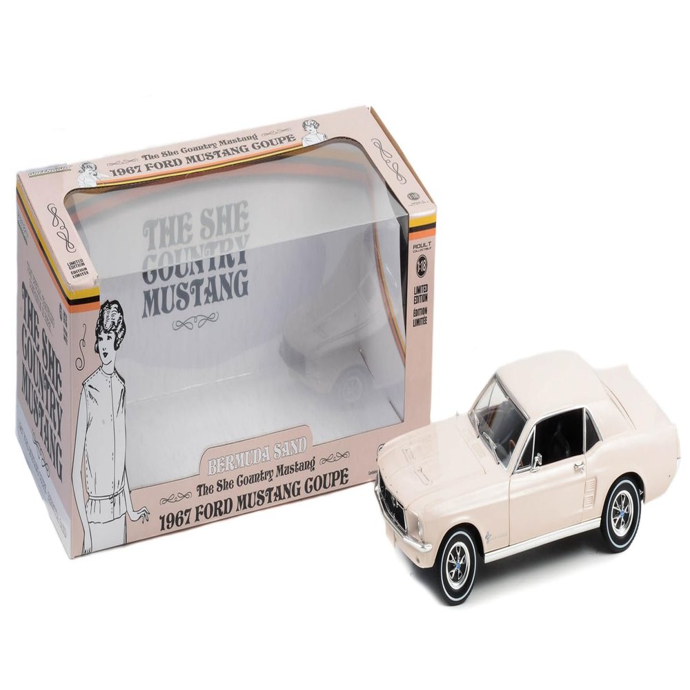 Greenlight 1:18 1967 for Mustang Coupe She Country Special - Bill Goodro, Denver, Colorado - Bermuda Sand 13642 [Shipping from Canada]