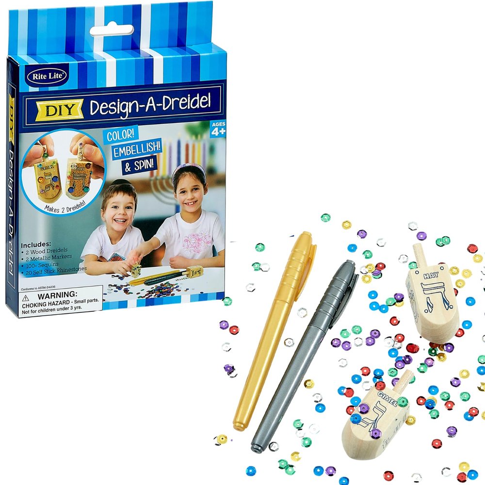 Rite Lite Design a Dreidel Kit DIY Chanukah Fun Arts & Crafts Kit | Perfect Hanukkah Gift for Kids | Includes 2 Wooden Dreidels & Rhinestones! Jewish Holiday Party Favors Goodie Bag for Hours of Fun!