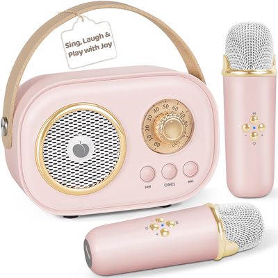 PRUNUS C20 Mini Karaoke Machine,Valentines Day Gifts for Her Him Kids Mens,Portable Bluetooth Speaker with 2 Wireless Microphone for Boys Girls 3-12+ Years Old Birthday Party Pink
