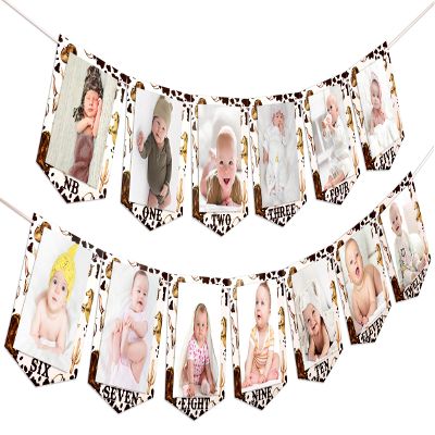 1st Birthday Photo Banner for Western Cowboy from Newborn to 12 Months, Brown Monthly Milestone Photograph Rustic Bunting Garland, First Rodeo Birthday Party Decorations Supplies