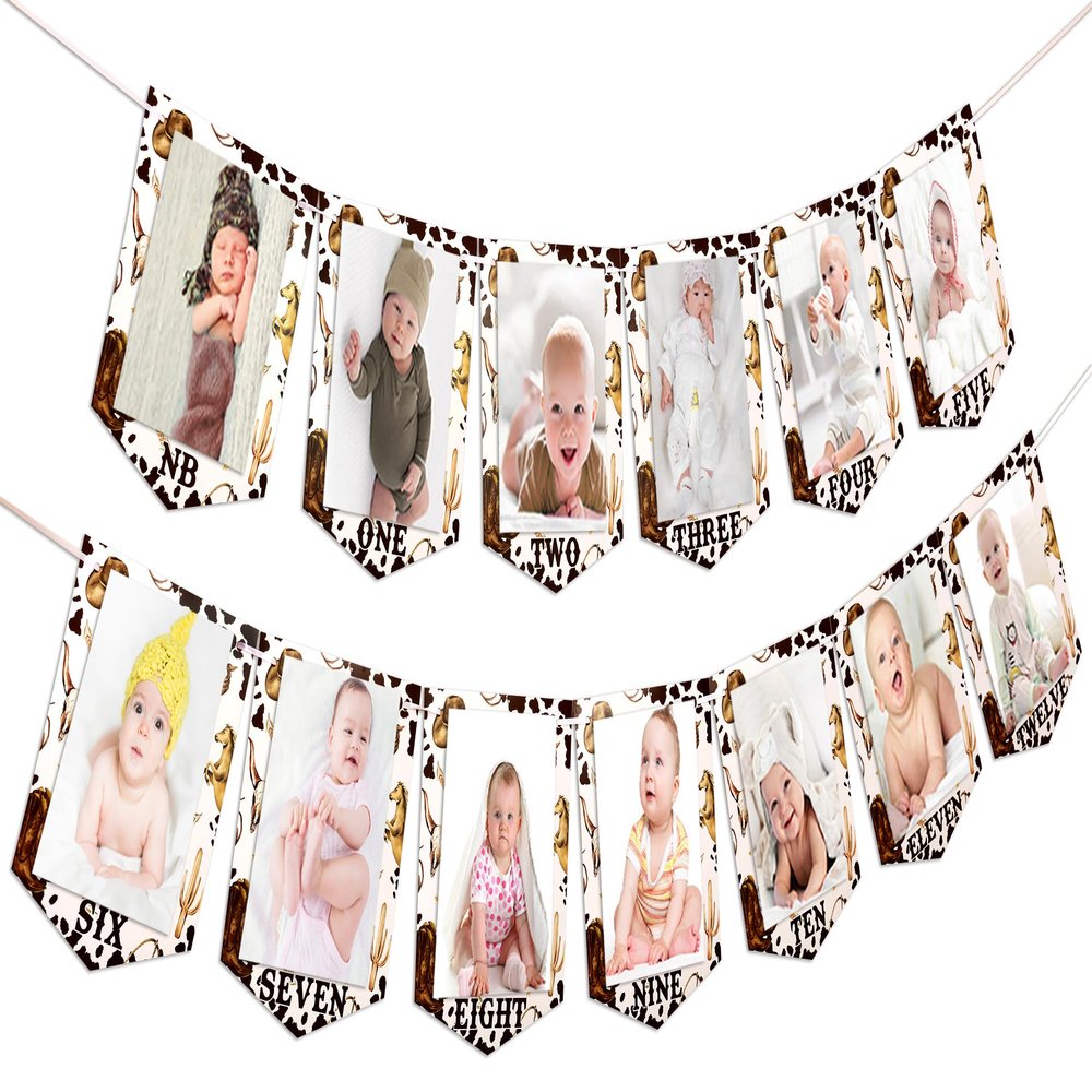 1st Birthday Photo Banner for Western Cowboy from Newborn to 12 Months, Brown Monthly Milestone Photograph Rustic Bunting Garland, First Rodeo Birthday Party Decorations Supplies