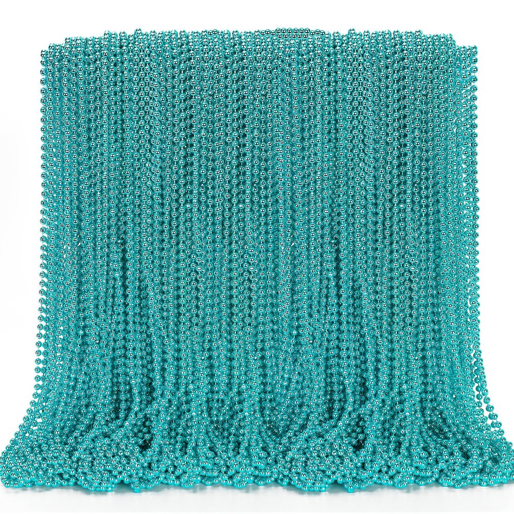 144PCS Mardi Gras Beads, Lake Blue Mardi Gras Rose Necklaces Bulk, Metallic 33" Mardi Gras Round Beaded Necklace Stuff, Festival Parade Throw Accessories Wedding Gender Reveal Party Supplies Decor