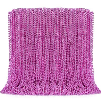EOBOH 144PCS Bead Necklace, Metallic Pink Mardi Gras Rose Necklaces Bulk, 33" Mardi Gras Round Beaded Necklace Stuff, Festival Parade Throw Accessories Wedding Gender Reveal Party Supplies Decor