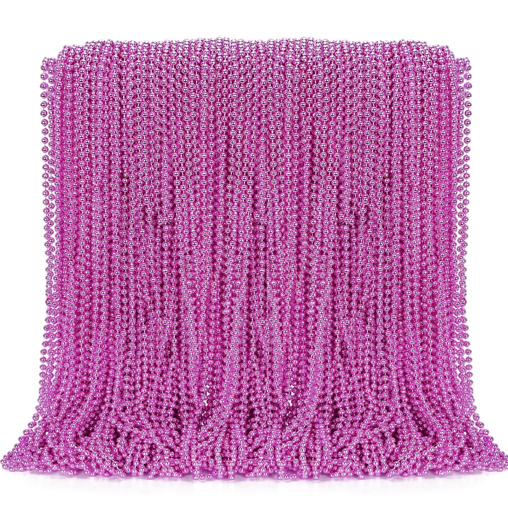 EOBOH 144PCS Bead Necklace, Metallic Pink Mardi Gras Rose Necklaces Bulk, 33" Mardi Gras Round Beaded Necklace Stuff, Festival Parade Throw Accessories Wedding Gender Reveal Party Supplies Decor