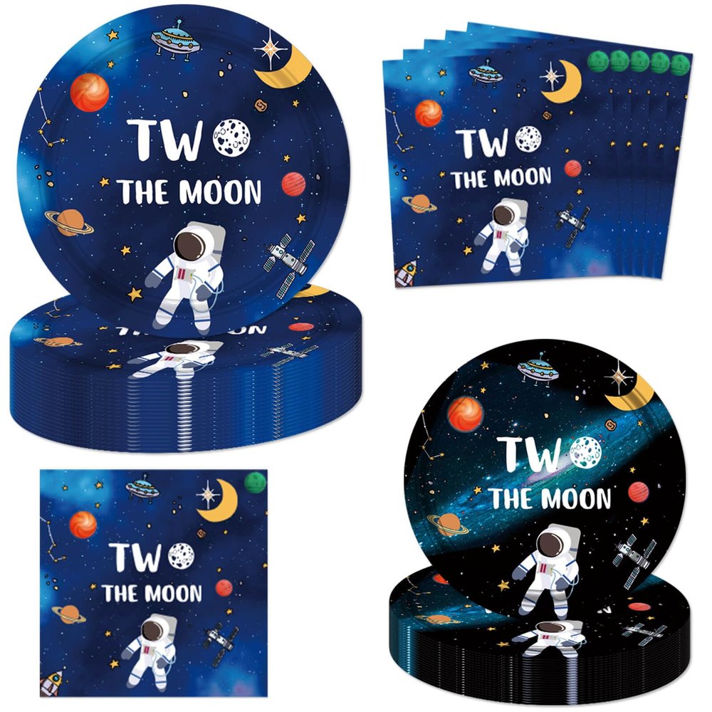 Letromp 40 Pcs Two the Moon Birthday Decorations 2 the Moon Party Paper Plates Napkins for Outer Space/Galaxy Astronaut/Space Man/Robot UFO Theme Baby Boys 2nd Birthday Party Supplies Decorations