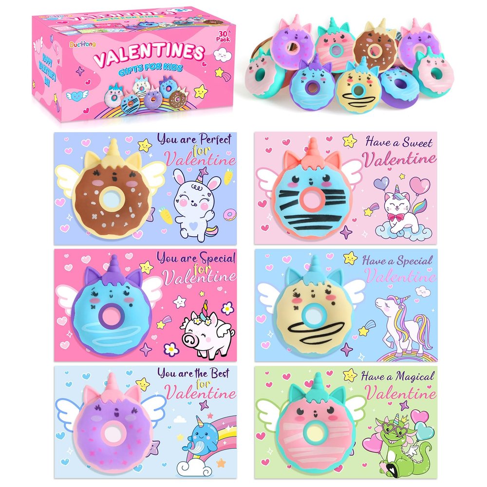 30 Pack Valentines Day Cards for Kids Classroom, Donut Erasers with Greeting Cards, Valentine Kids Party Favor, School Classroom Exchange Prizes, Ideal Valentines Gifts for Boys Girls