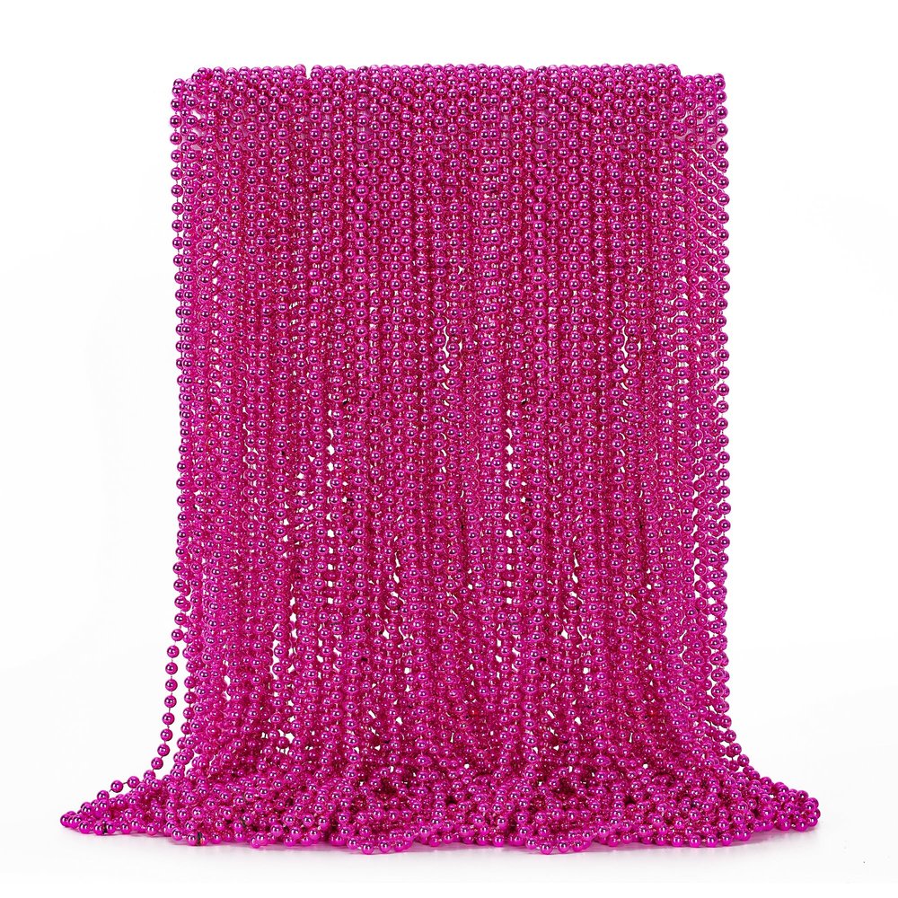 EOBOH 50PCS Bead Necklace, Metallic Mardi Gras Pink Bead Necklace, 33" Mardi Gras Round Beaded, Festival Parade Throw for Breast Cancer Awareness Accessories Gender Reveal Party Supplies Decor