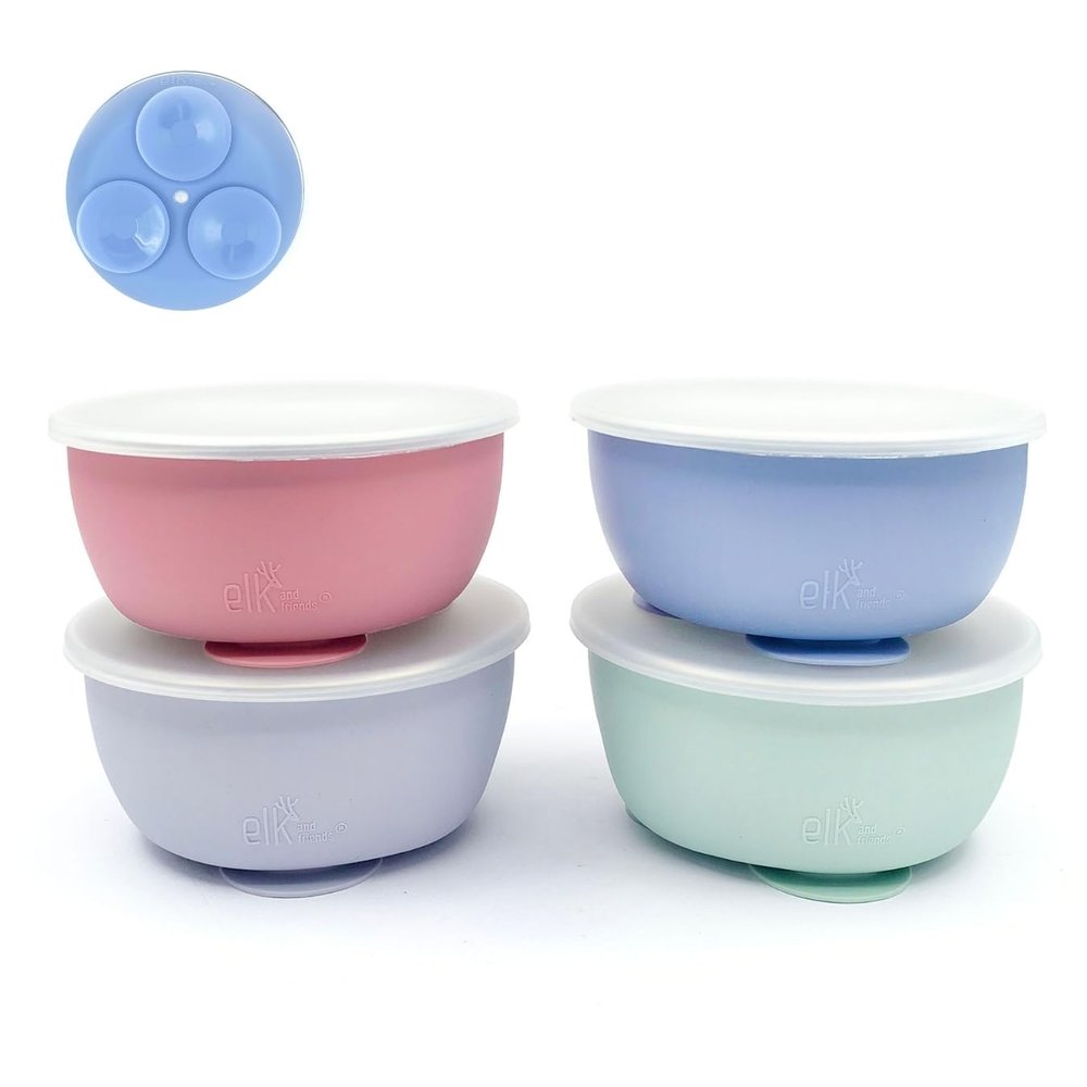 Elk and Friends Stainless Steel Bowls with Silicone Sleeve for Babies & Toddlers | Lids Included | Stay Put Suction | Cereal & Snack Bowls | 4 Pack