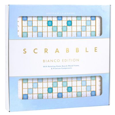 WS Game Company Scrabble Bianco Edition with Rotating Wooden Board, Raised Tile Grid, Word Games for 2-4 Players (Ages 8+)