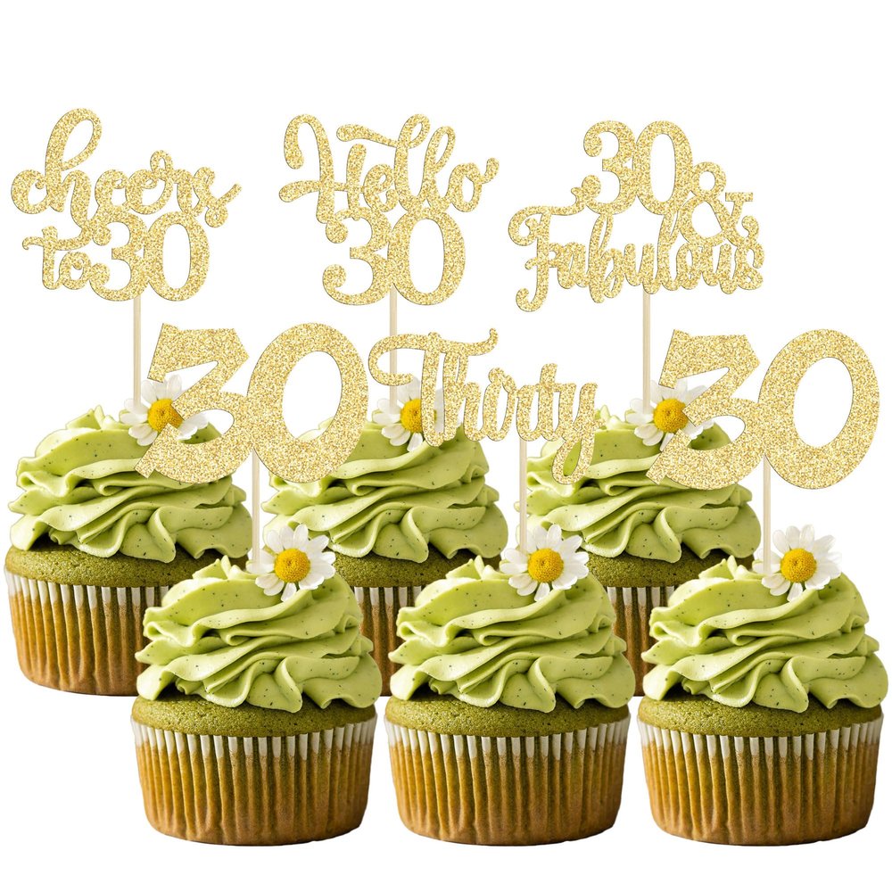 30Pcs Happy 30th Birthday Cupcake Toppers Gold Glitter Thirty Cheers to 30 Birthday Cupcake Picks for Happy 30th Birthday Anniversary Party Cake Decorations Supplies