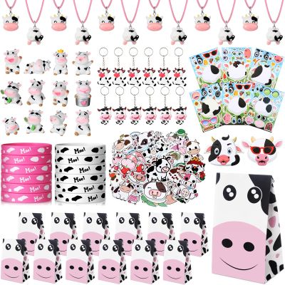 Fumete 122 Pcs Cow Party Favors Decorations Include Cow Print Silicone Bracelets Stickers Keychains Necklaces Gifts Bags Cartoon Sticker for Theme Party Favors