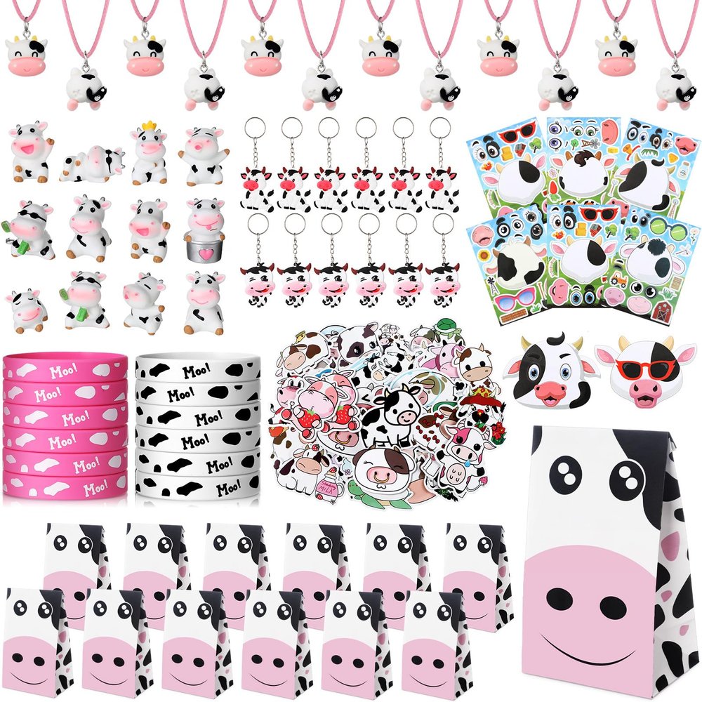 Fumete 122 Pcs Cow Party Favors Decorations Include Cow Print Silicone Bracelets Stickers Keychains Necklaces Gifts Bags Cartoon Sticker for Theme Party Favors