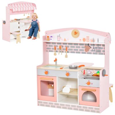 Costzon Kids Kitchen Playset, Double-Sided Wooden Play Kitchen Toy Set w/Realistic Sound, Oven, Ice Cube Dispenser, Utensils, Sink, Large Storage Space, Pretend Chef Cooking Set for Toddlers (Pink)