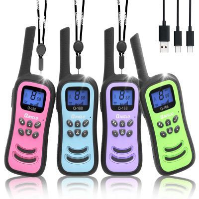QNIGLO Walkie Talkies for Kids, Rechargeable Walkie Talkies, VOX2 Way Radios with LED Flashlight, Perfect Outdoor Camping Toys with Lanyard for 3+ Years Old Boys Girls for Hiking Adventures 4 Pack