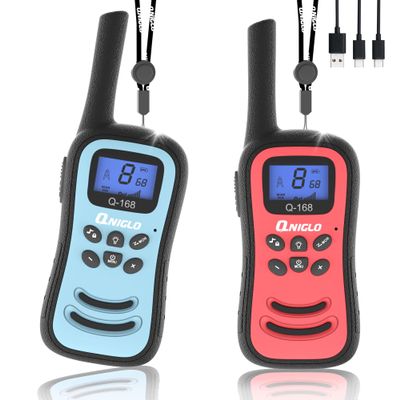 QNIGLO Kids Walkie Talkie, VOX Rechargeable Kids Walkie Talkie, 3KM Working Distance, 48H Standby, 8 Channels, Flashlight Function, Gift for 3-12 Year Old Girls & Boys (2-Pack)
