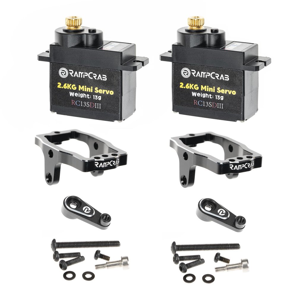 RampCrab RC Steering Servo with Mount and Horn for TRX4M RC Car, 1/18 Upgrades Parts, Suitable for TRX4-M Bronco Defender K10 (Black Horn), 2Sets