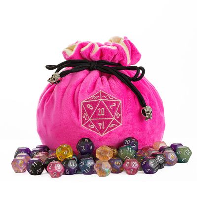 KSNDie Large Dice Bags with Pockets Pink Storage Bag D20 Logo for DND RPG Game Dices (with 1lb Random DND Dice)
