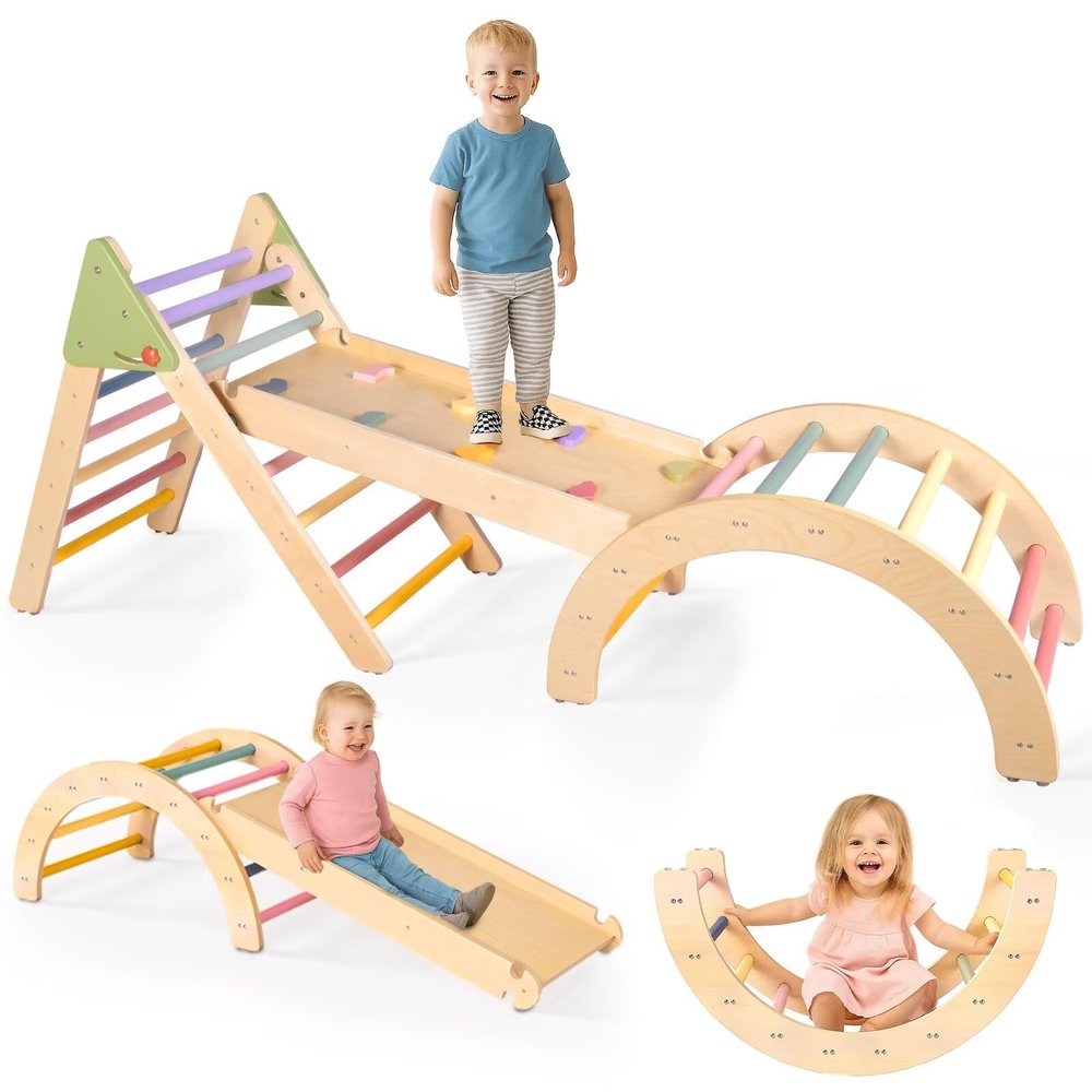 aiwo 7-in-1 Pikler Triangle Set Toddler Climbing Toys Indoor, Montessori Baby Climbing Gym, Climbing Set for Toddlers 1-3 Jungle Gym