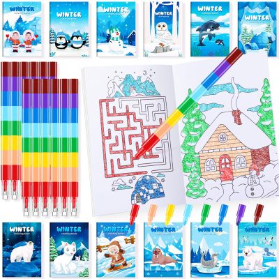 BenLouis 24 Winter Mini Coloring Books Kids with 24 Stacking Crayons Polar Animals Party Favors Activity Books Bulk for Kids Winter Holiday Goodie Bag Gift Stuffer Classroom Reward