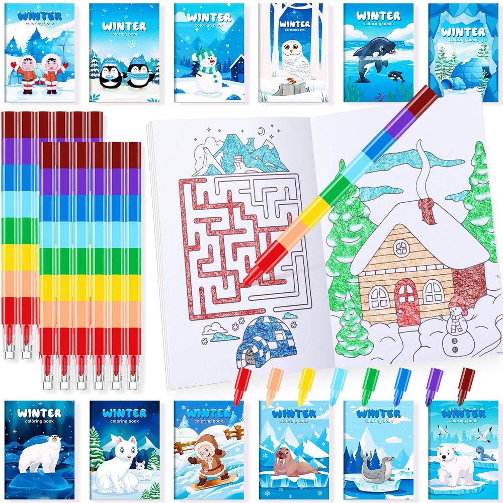 BenLouis 24 Winter Mini Coloring Books Kids with 24 Stacking Crayons Polar Animals Party Favors Activity Books Bulk for Kids Winter Holiday Goodie Bag Gift Stuffer Classroom Reward
