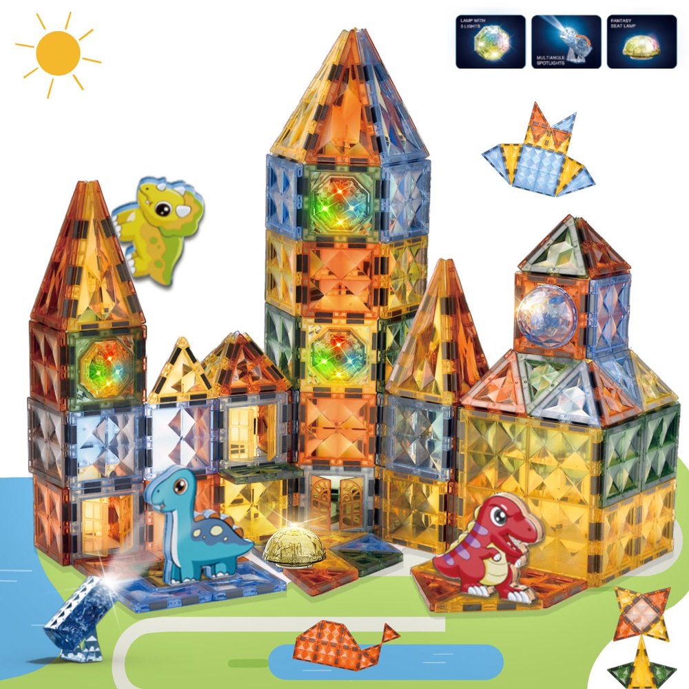 BINZKBB Magnetic Tiles Building Blocks,Lighted 3D Clear Educational STEM Construction Set,Preschool Sensory Magnet Dinosaur Creativity Toys for Kids Age 3 4 5 6 8+ Years Old Girls Boys Toddlers