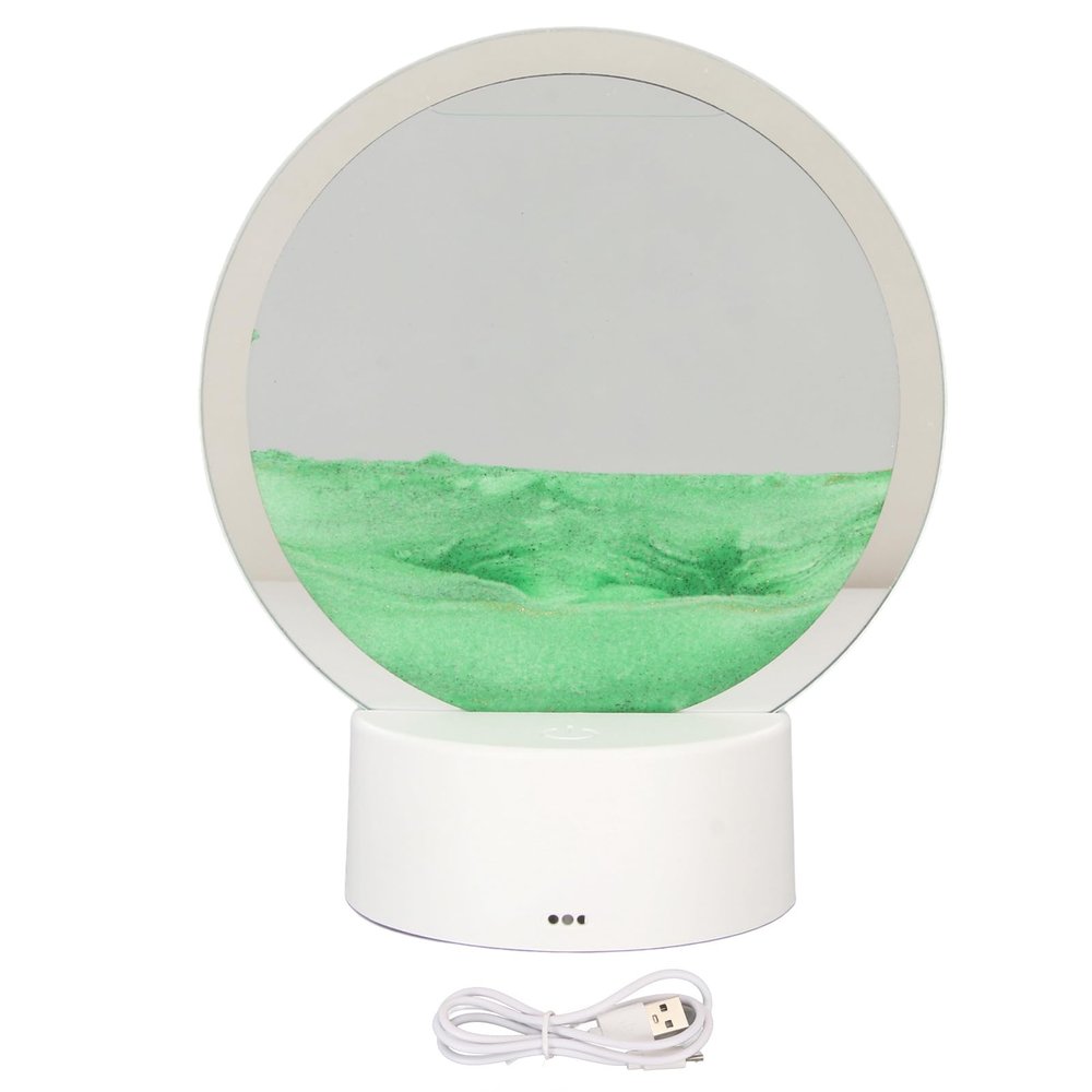 Tyenaza Moving Sand Art Picture, 3D Transparent Dynamic Sandscape Moving Sand Picture with LED Round Glass Flowing Sand, Creative Relaxing Desktop Art for Home Office Decor (Green)