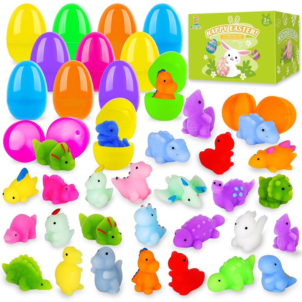 24 Pack Prefilled Easter Eggs with Squishy Dinosaur Toys inside for Kids, Easter Basket Stuffers Fillers Mochi Stress Relief Toys for Easter Hunt, Party Favor, Easter Gifts, Classroom Prizes